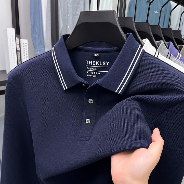 Polo 100% Cotton Turn-Down Collar Men's Long-Sleeve Polo Shirt, Autumn Top, Wrinkle-Resistant Business Casual T-Shirt