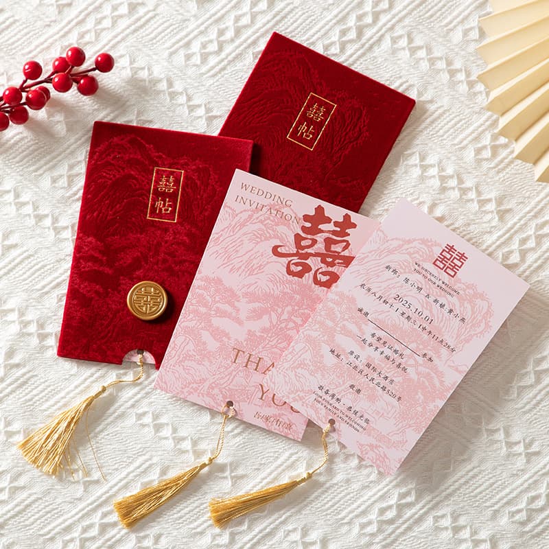 High-end velvet wedding invitation with burgundy tassels, Chinese style wedding invitation with sealing wax, Chinese style invitation card