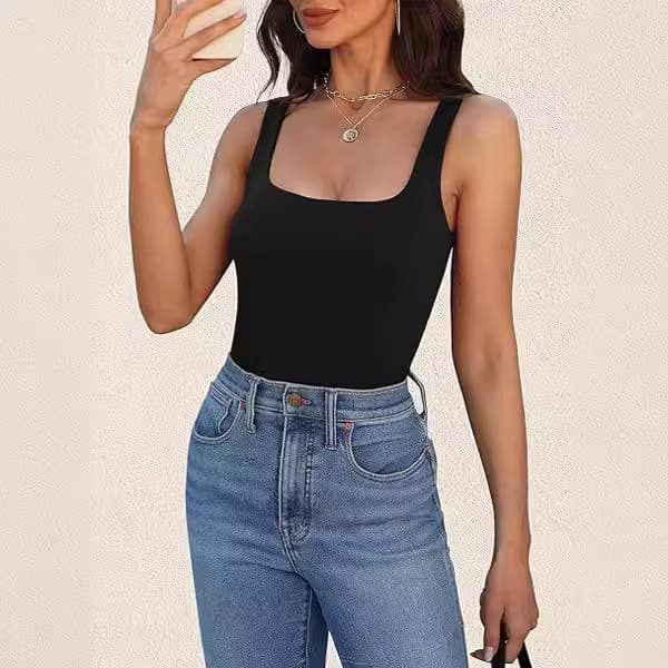 2024 New Summer Fashion Sleeveless Vest Square Neck Slim Knit Crop Top for Cross-Border European and American Markets