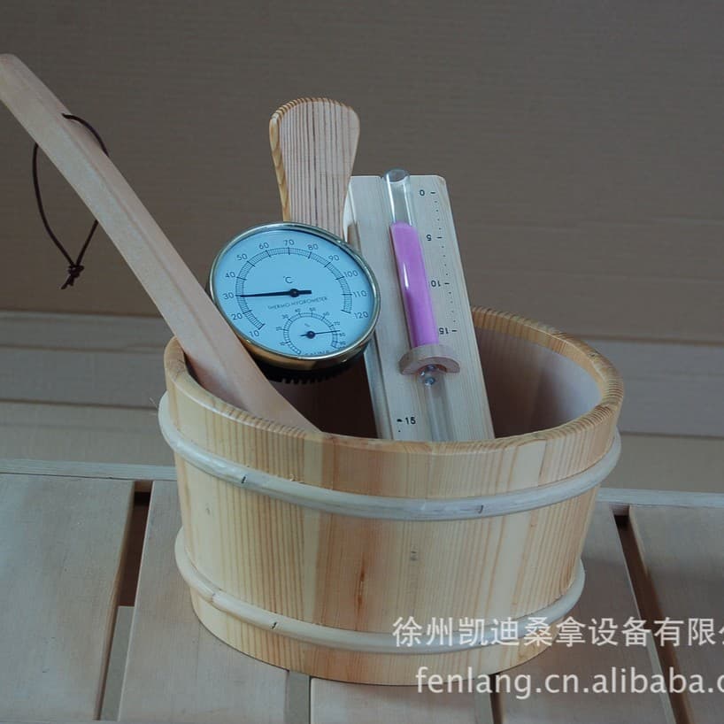 Xuzhou Kaidi Sauna Production Supply Wooden Bucket Wooden Spoon Hygrometer Hourglass Set KD-004E