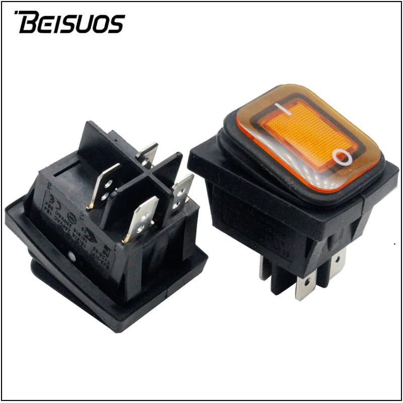 Four-terminal Two-position Waterproof Rocker Switch with Orange Light, IP65, Silver Contacts, High Current Power Toggle, Outdoor Switch
