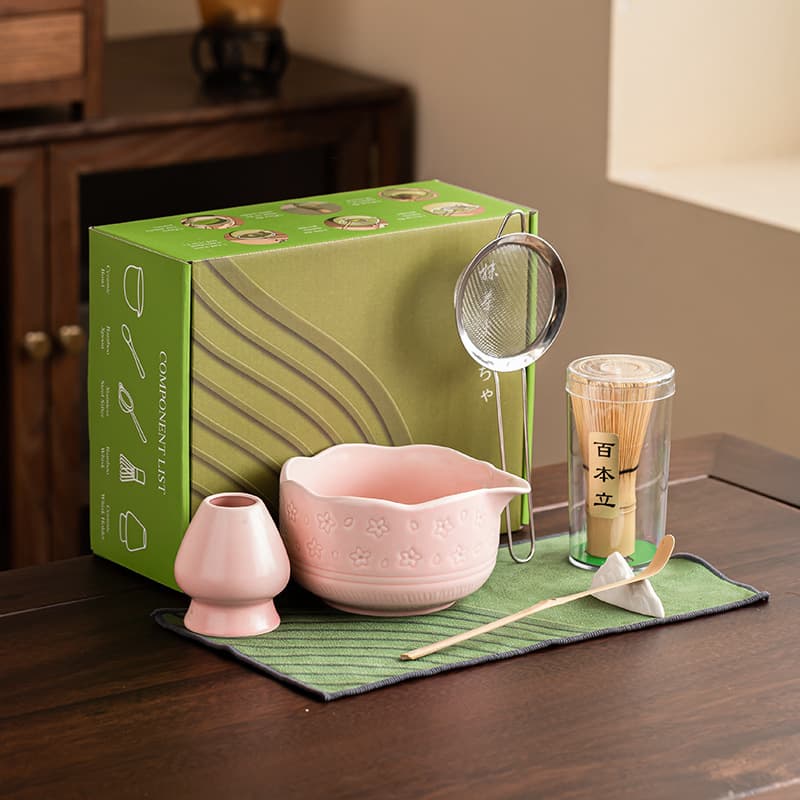 Cross-Border Hot Selling Cherry Blossom Pink Matcha Set Tool Seven-Piece Set with 100 Tea Whisk, Tea Scoop, and Eagle Beak Matcha Bowl