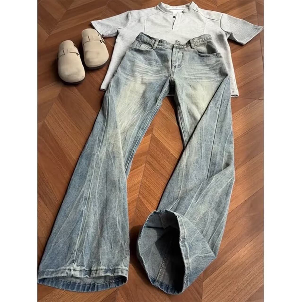 Glacier Blue Lightning Pattern Jeans for Men, Trendy American Style Heavy-Duty Washed Straight-Leg Pants, Slim Fit, Slightly Flared