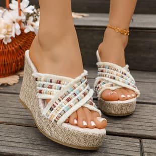 Cross-border 2026 Summer New Bohemian Woven Beach Wedge Thick Sole Sandals Wholesale