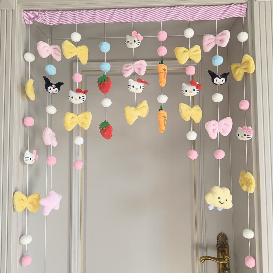 Cartoon Cat Bow Door Curtain Home Privacy Curtain Bedroom Bathroom Door Curtain No-Drill Curtain Girl