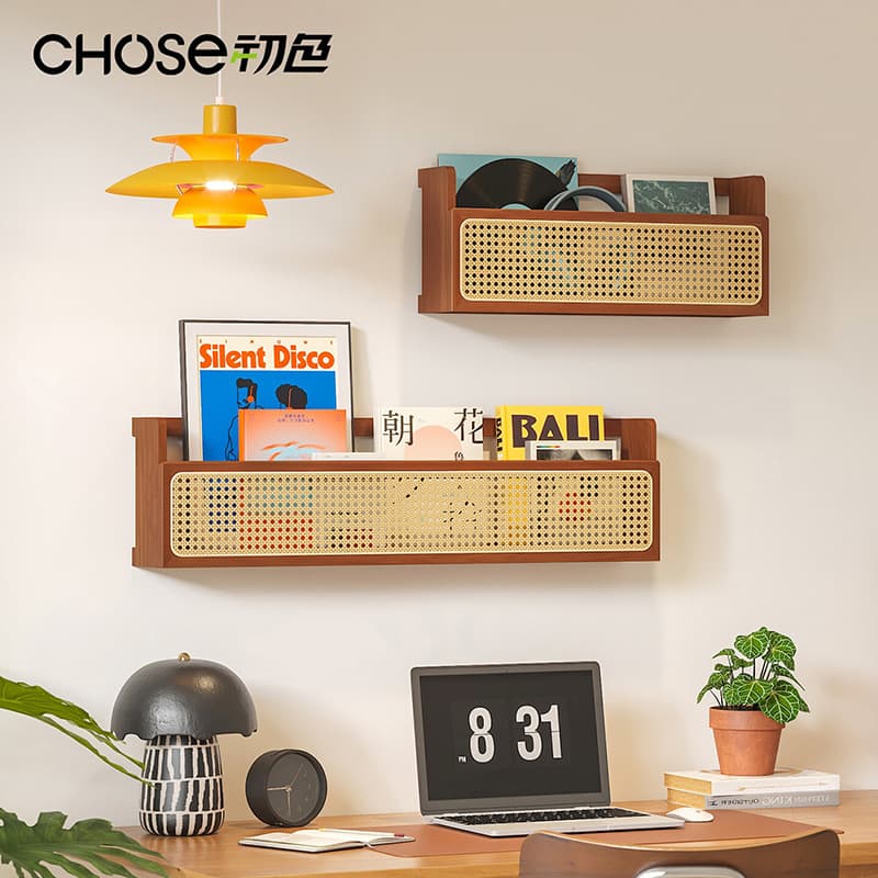 Woven rattan book and newspaper stand, solid wood wall-mounted shelf, study room magazine and picture book wall display rack, wall-hung storage