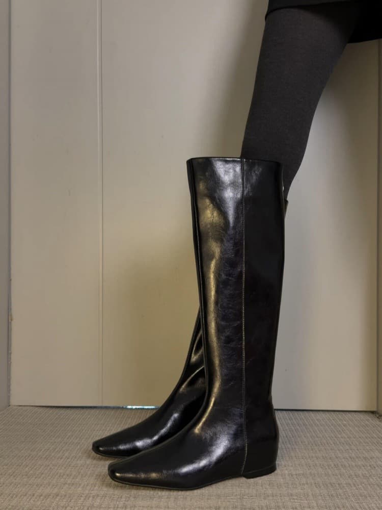 Sheepskin version~retro genuine leather black simple style over-the-knee boots for women that are not tiring for the feet and comfortable square toe slim boots