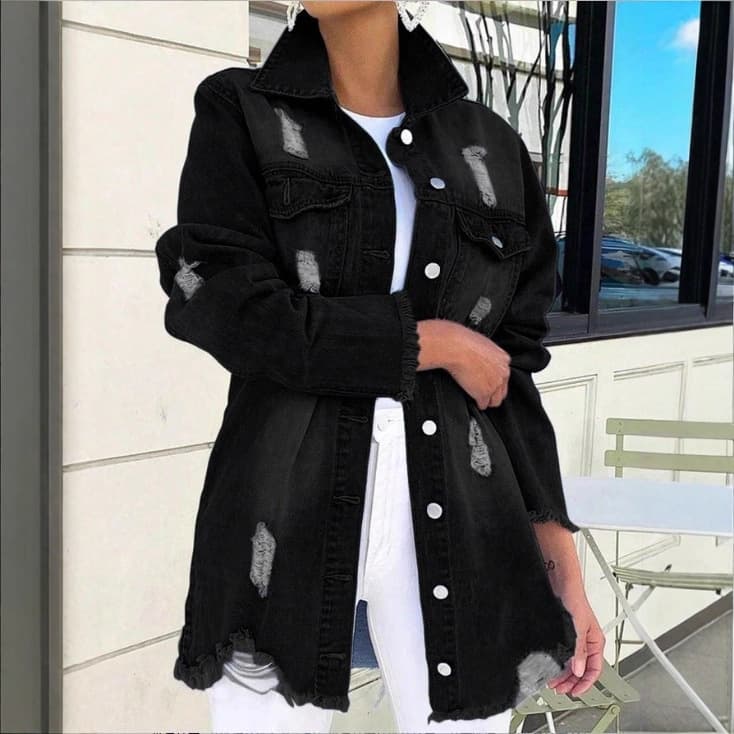 ATC70371 Women's Spring/Autumn Denim Jacket with Long Sleeves and Distressed Design for Amazon and AliExpress