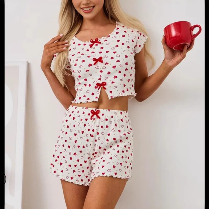 Cross-border European and American Spring/Summer New Ice Silk Ribbed Print Heart Short Sleeve Shorts Casual Wearable Women's Pajamas