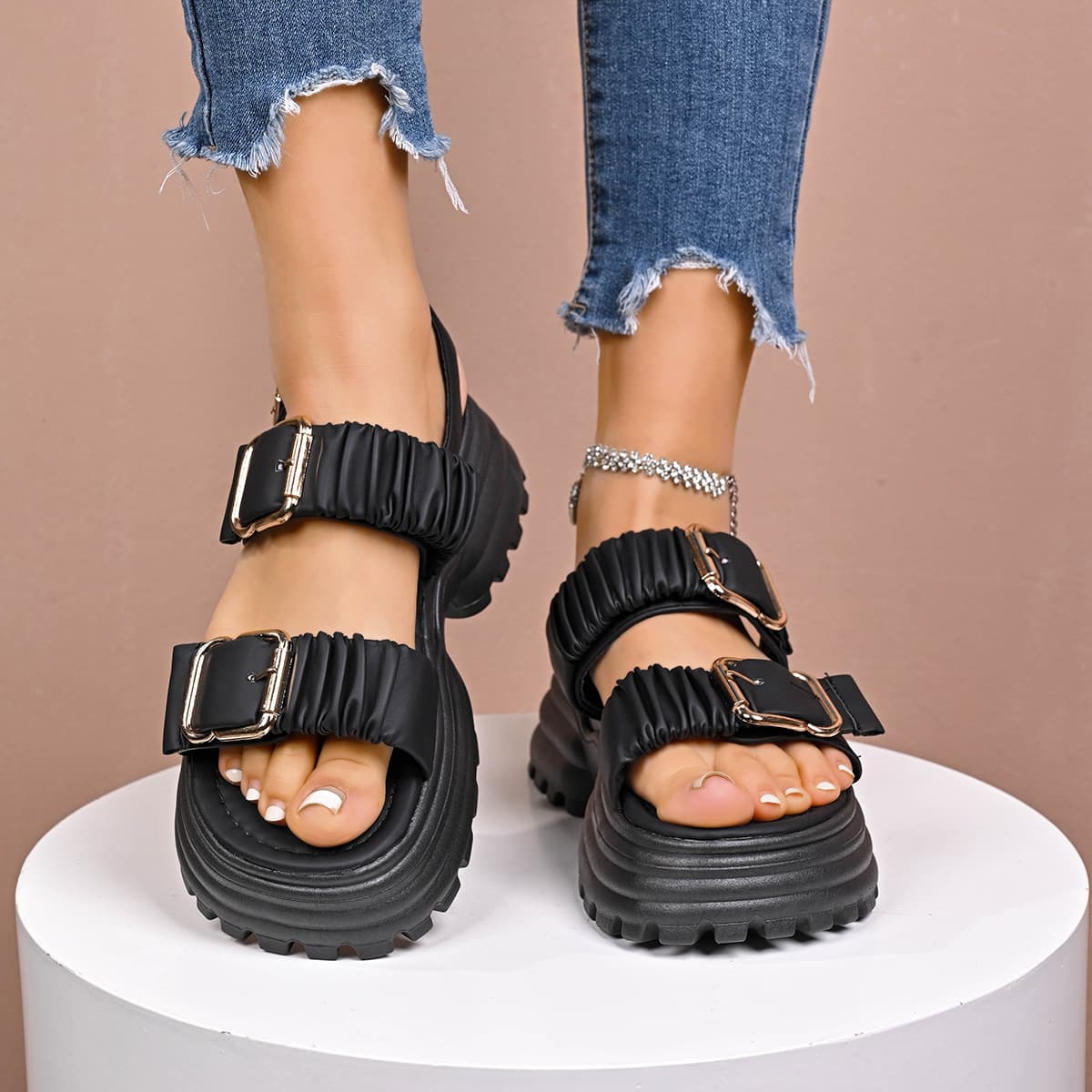 Women's Sandals 2026 Summer New Thick Sole Platform Buckle Strap Sandals Roman Casual Solid Color Sandals