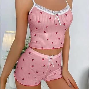 Moshang Cross-border New Plus Size Loungewear Pajamas Sexy Strawberry Print Ribbed Slim Bowknot Strap Pajamas