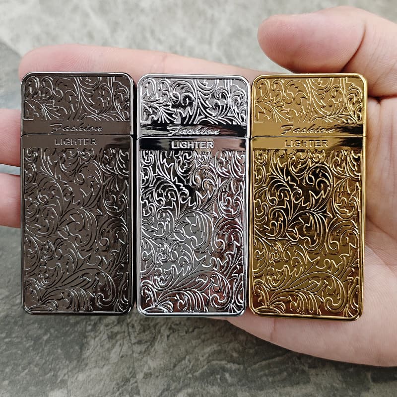 DN161A Metal Ultra-Thin Small Grinding Wheel Refillable Flame Lighter Vintage Retro Embossed Tang Grass Design Men's Gift