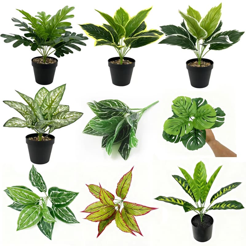 Factory Direct Artificial Simulation Greenery 9-Head Monstera Spring Rain Leaf Small Bouquet Faux Plant Wall Landscape Decoration Potted Plant
