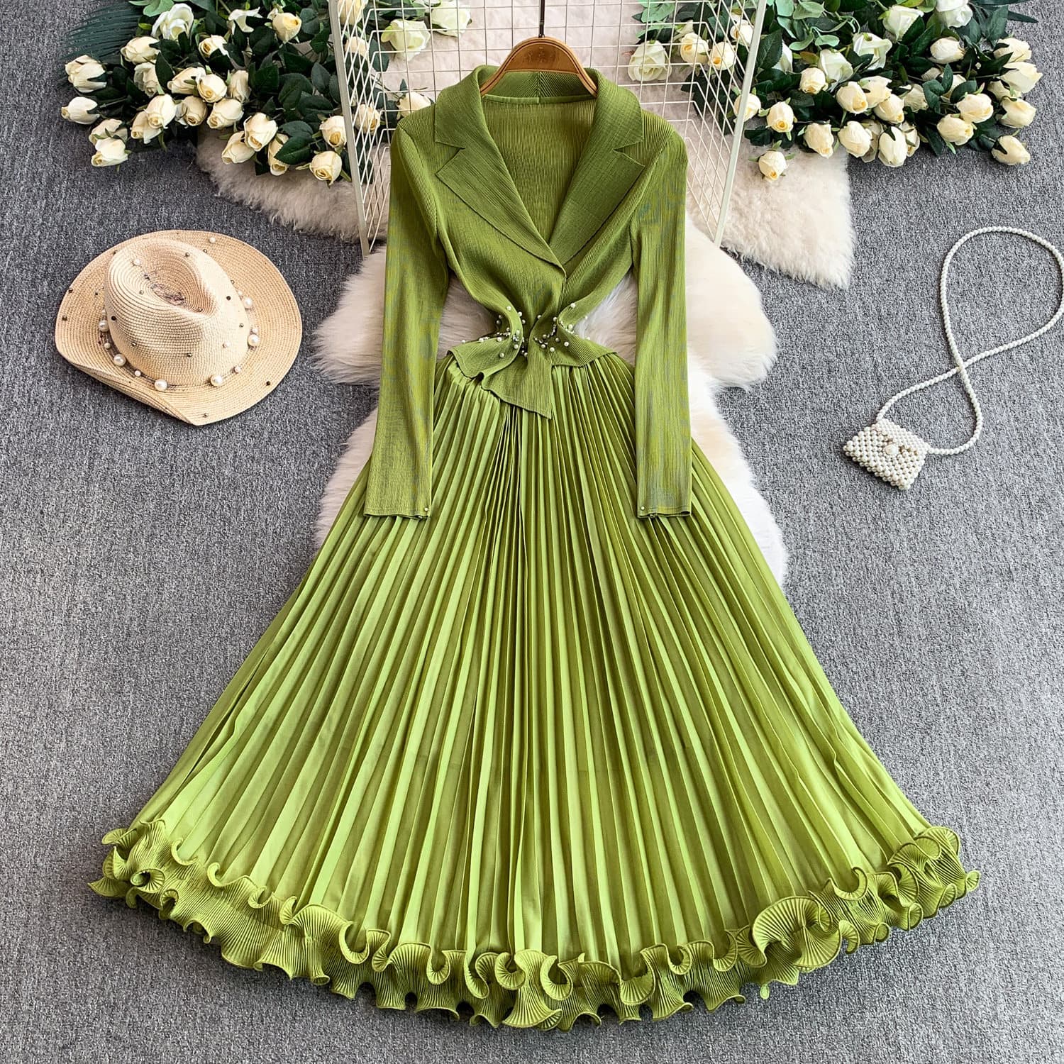 European and American Elegant Women's Suit Collar Dress with Heavy Beading, Waist-Cinching Pleated Ruffle Long Dress
