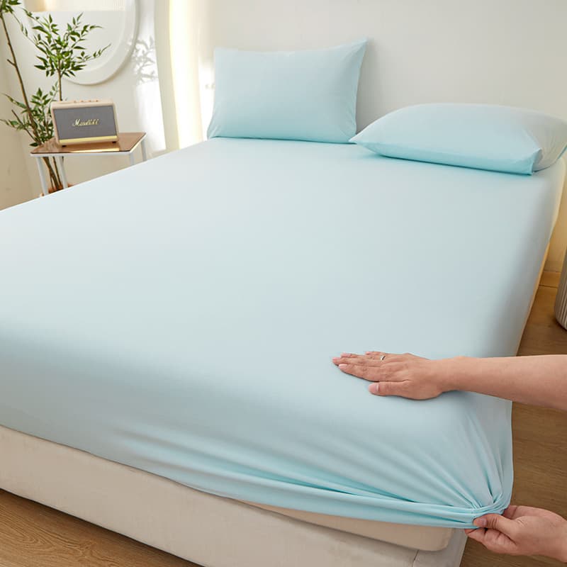 Foreign trade cross-border summer bedspread and raised fitted sheet solid color small ice leather fitted sheet three-piece pillowcase wholesale ice silk fitted sheet