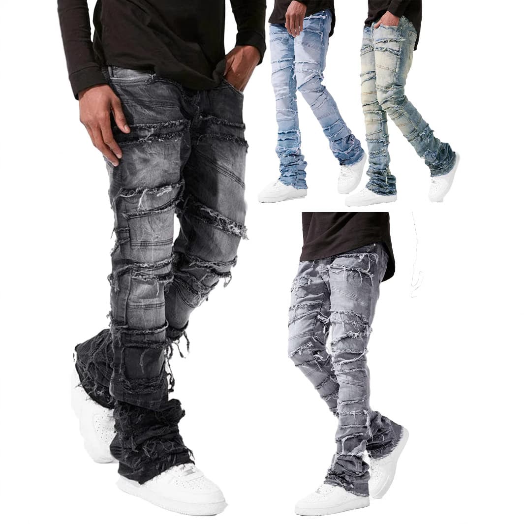 Cross-Border New Men's Denim Straight Pants European and American Street Fashion Ins Popular Stretch Patch Denim Straight Pants