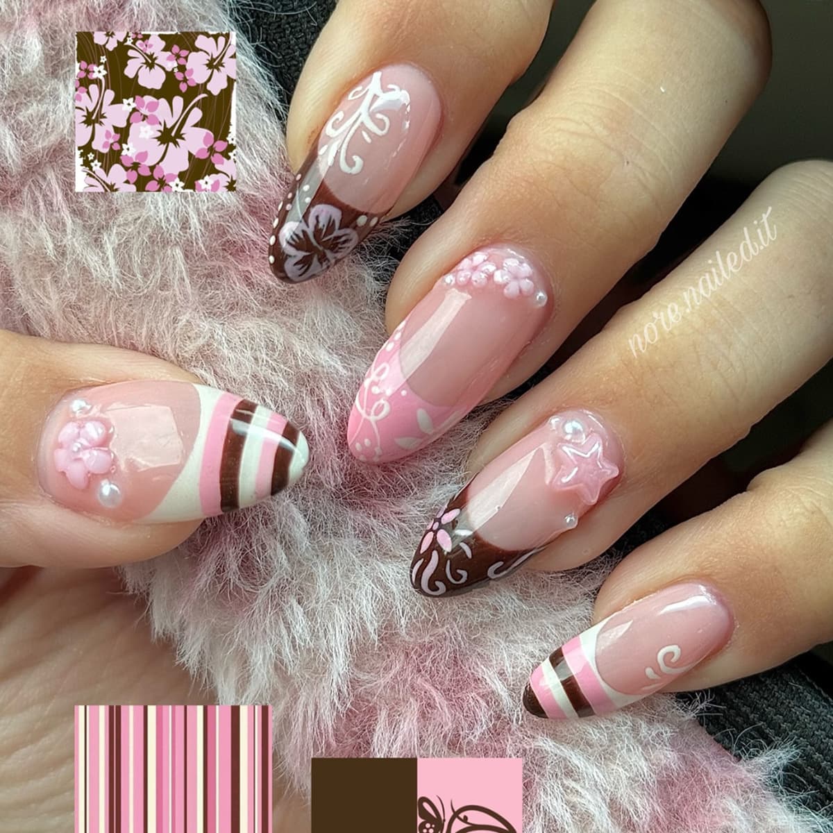 Cross-border European and American Wearable Almond Striped Floral Print Pink Brown Press-On Nails In Stock Wholesale