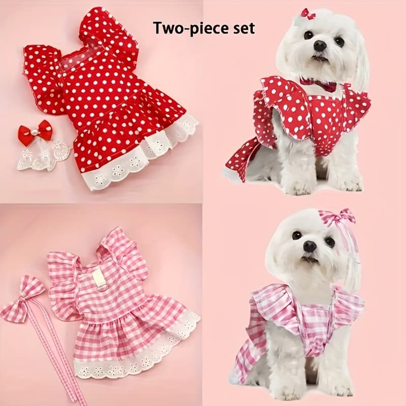 2025 New Cross-border Drop Shipping Pet Plaid and Polka Dot Sundress Dog Cape