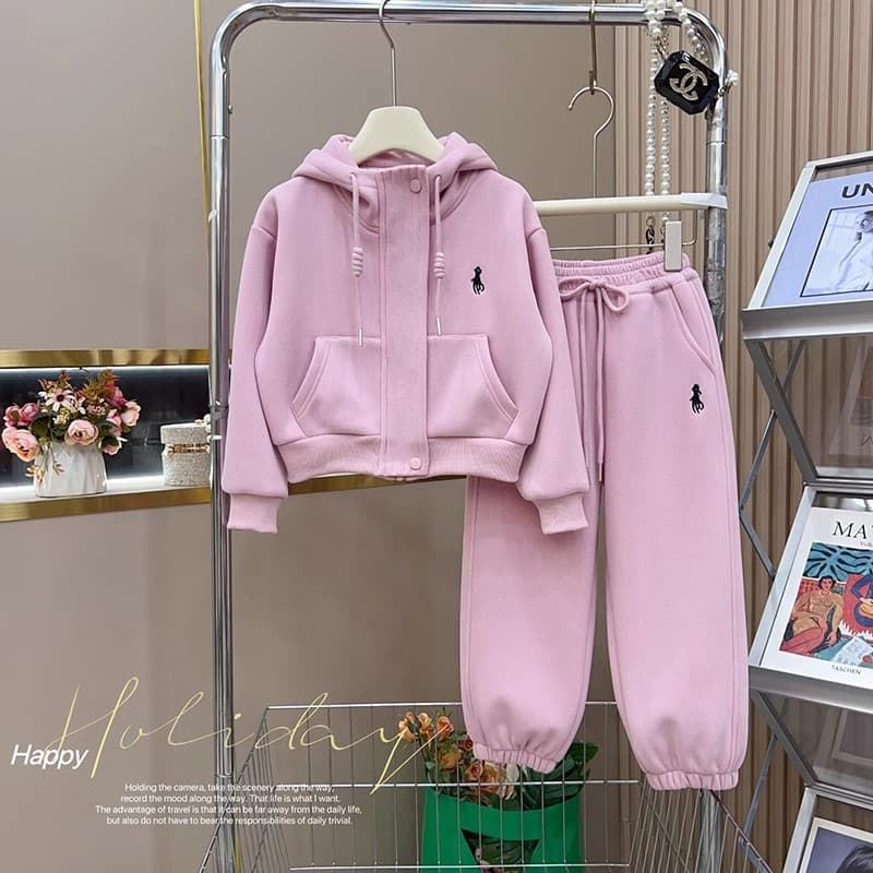 Baby girl Korean solid color suit for older children in autumn and winter new style hoodie fashionable trousers two-piece set