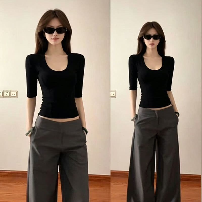 Black Hot Girl U Neck Short Slim Short Sleeve T-shirt New Medium Sleeve Slim Top Women's Tight High Waist Half Sleeve Pure Desire