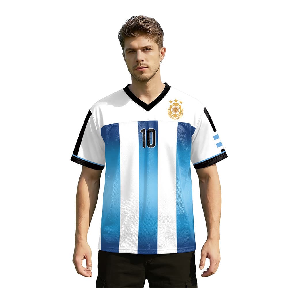 A graphic 2026 World Cup jersey No. 10 men's blue and white striped football uniform breathable sports short-sleeved T-shirt