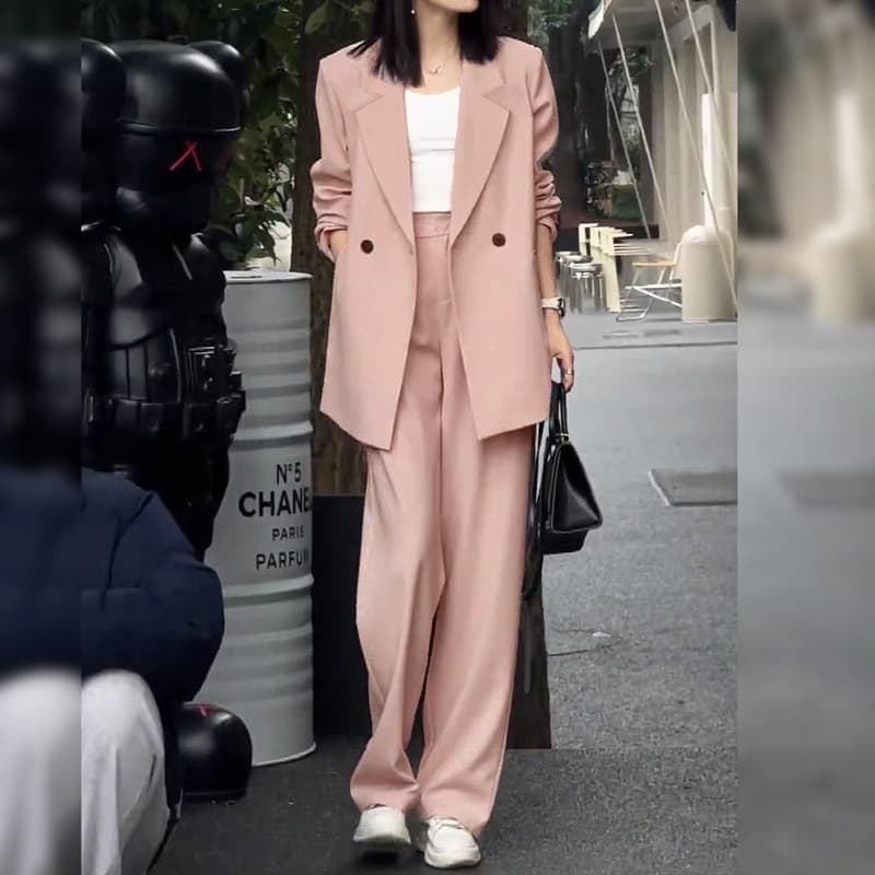 XZ121 Spring/Autumn Blazer Set for Plus Size Women, Loose Fit Suit Jacket and Wide-Leg Pants, 200 lbs, Pink