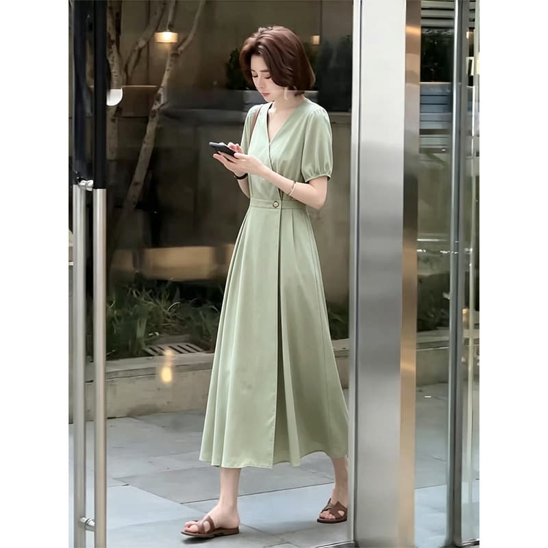 2026 Summer Plus Size French Green Women's Dress Shirt Dress Elegant Style Waist Cinching Dress 2583