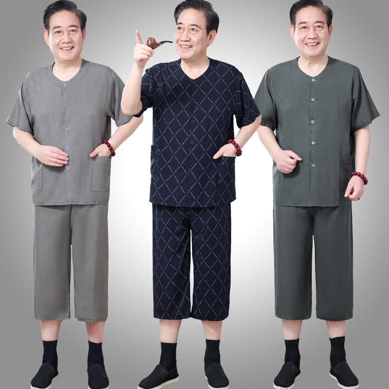 Summer Cotton Silk Suit for Middle-aged and Elderly Men, Short-sleeve Cardigan, Artificial Cotton Pajamas, Grandfather Summer Homewear