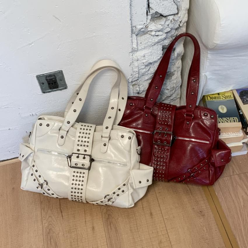 Studded Biker Tote Bag Trendy Korean Style Niche Commuter Bag Fashionable Chic Large Capacity Shoulder Crossbody Bag
