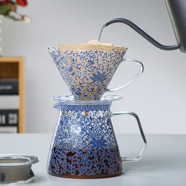 Blue and White Porcelain Glass Coffee Pot Set Coffee Extraction Funnel Filter Server Brewing Pot