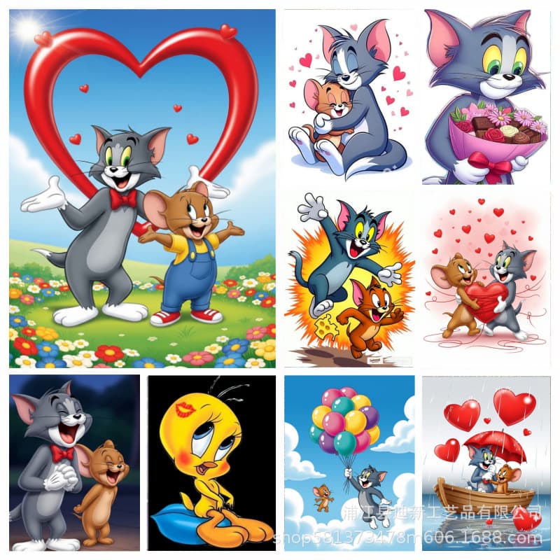 Cross-border Trade Round Diamond Full Drill DIY Diamond Painting Cartoon Cat and Mouse Series Handmade Point Drill Decorative Hanging