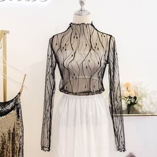 Ruffle High Neck Mesh Base Top for Women, Spring and Fall Versatile Thin Mesh Shirt, Stylish Sweater Inner Layer Lace Top