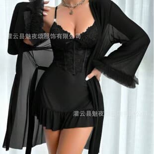 Cross-border Summer New Women's Sexy Lingerie Robe Cross-border Sexy Lace See-through Temptation Sleepwear Lace Strap Set