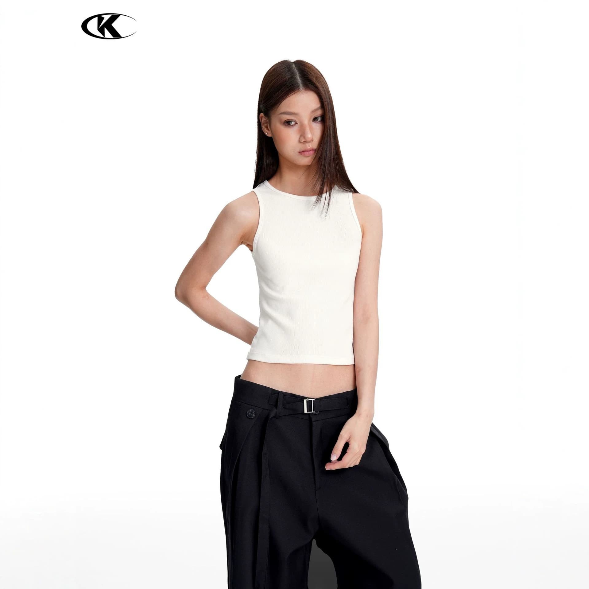 11KN American Retro Cool-Touch Ribbed Camisole Tank Top for Women, Summer Design with Waist-Cinching Inner Layering Base Top