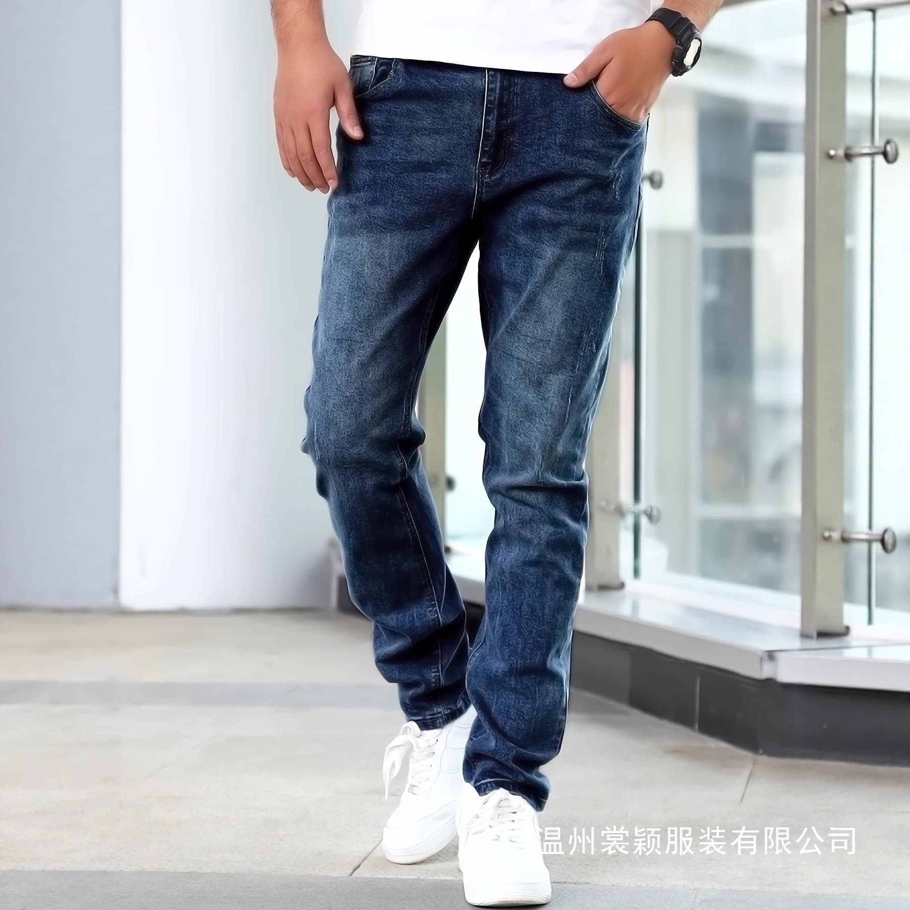 Men's Straight-Leg Jeans with Stretch, Cycling Style, Street Style, Dark Blue Denim, Wholesale