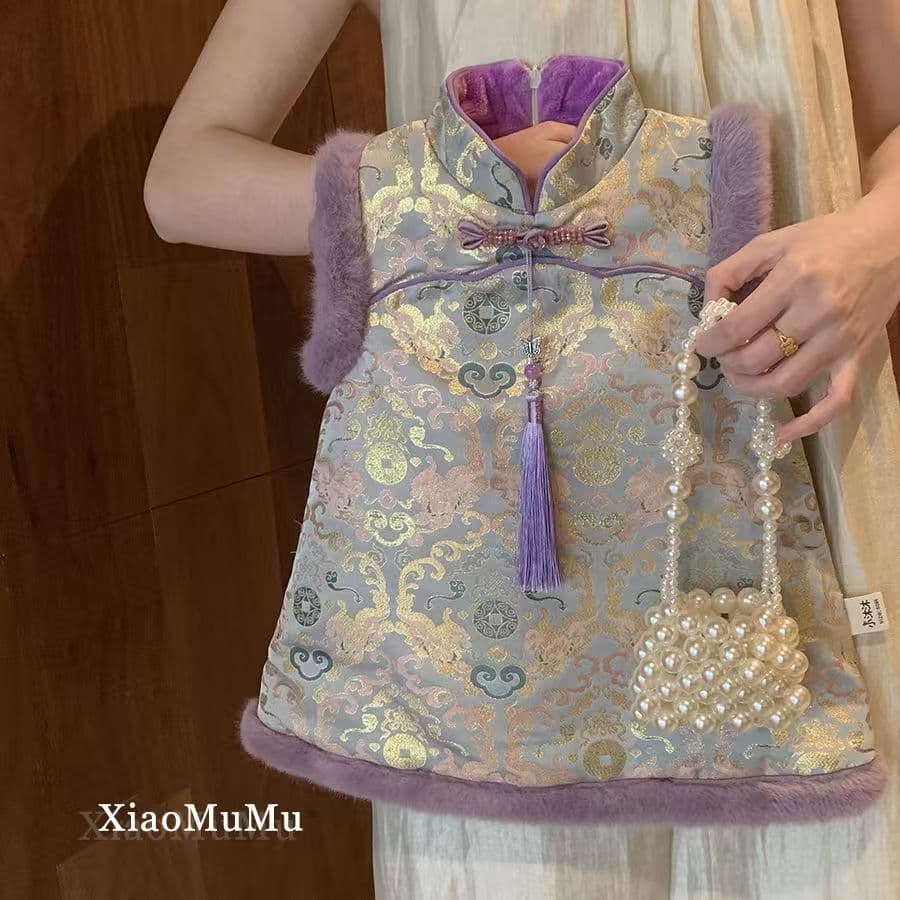 Stylish Chinese-style fleece-lined cheongsam dress for girls' first birthday, a traditional Chinese New Year Hanfu vest dress for babies, and a purple princess dress.