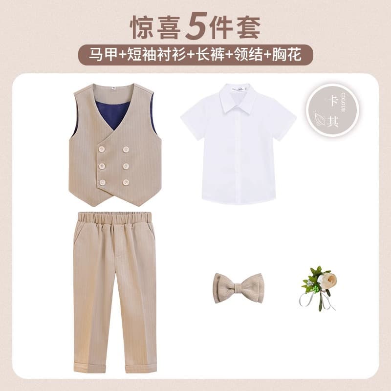 Boys' Suit Set Summer Baby First Birthday Tuxedo British Flower Girl Wedding Little Suit Piano Performance Outfit