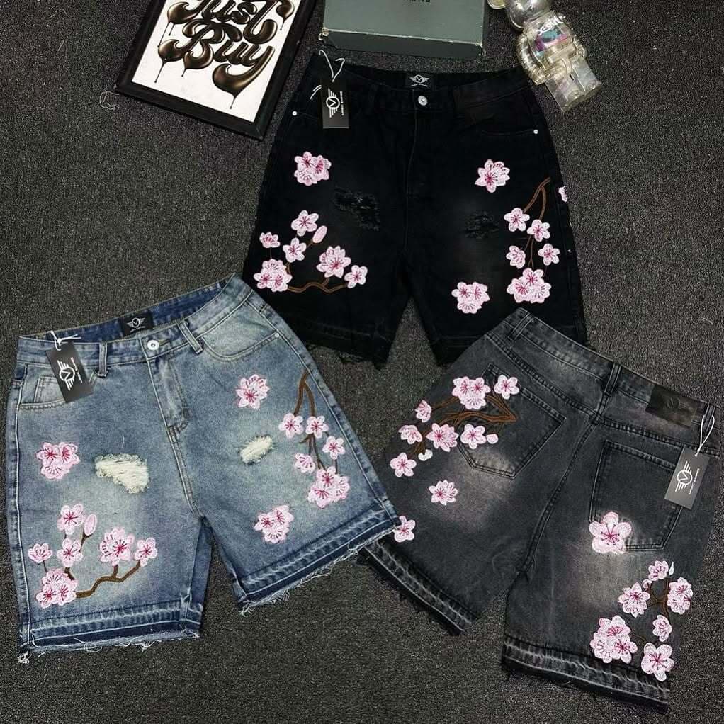Cotton Vintage Sakura Embroidered Denim Shorts for Men Summer Y2K Gothic Hip Hop Street Casual Pants Cross-border