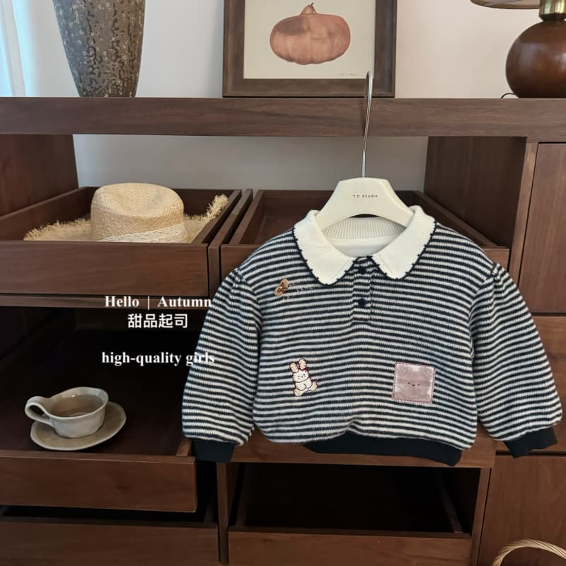 【Dessert Cheese】polo bunny! Korean style baby girl doll collar college style striped plus velvet cute sweatshirt