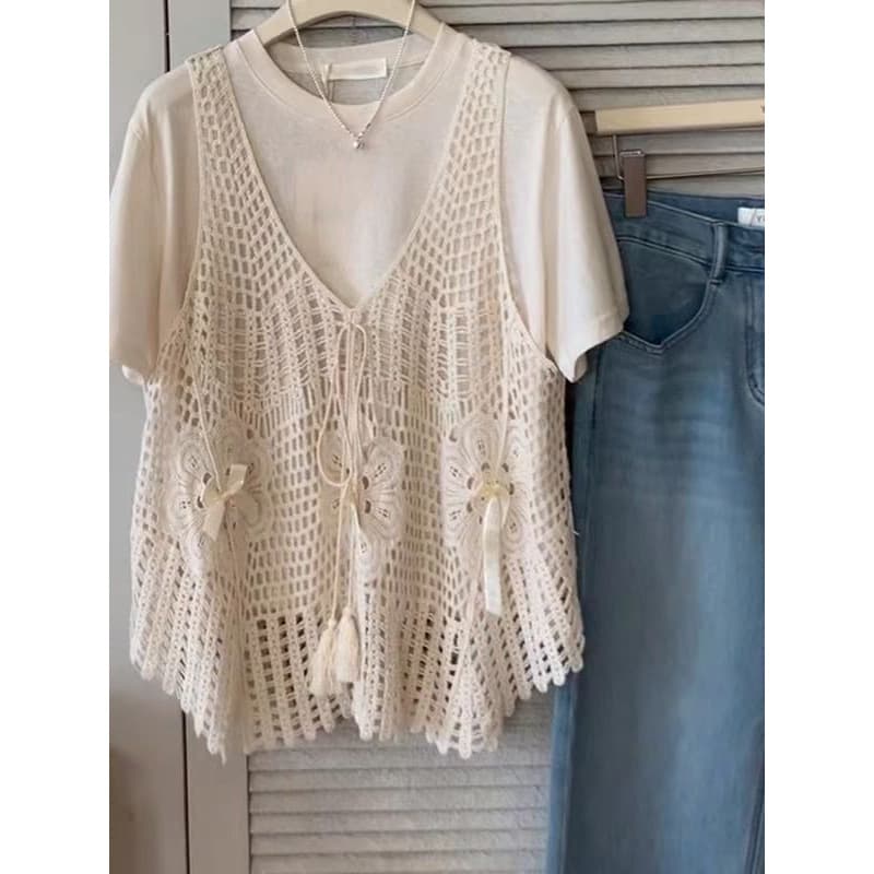 Stunning Summer Outfit Set Unique Beautiful Preppy Style Hollow-Out Cami Cover-Up and T-Shirt Two-Piece Set