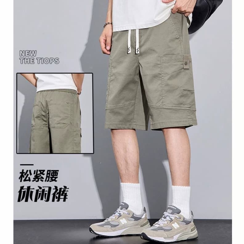 2026 summer new style Japanese and Korean breathable cotton workwear straight light green five-point casual mid-pants men's very light pants