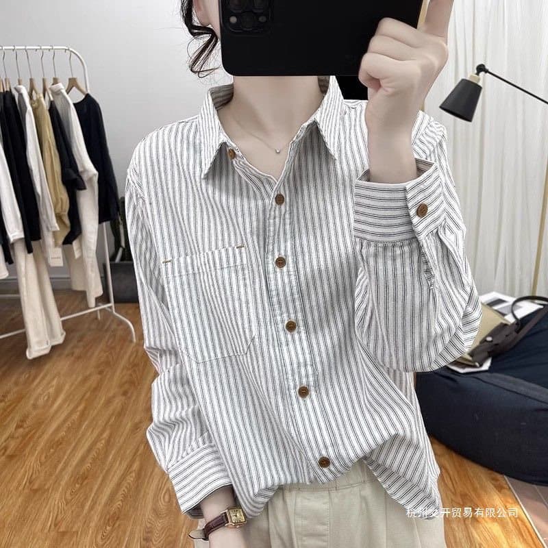 Cotton striped belly-covering long sleeve shirt, loose spring/autumn top new style slimming casual base layer shirt for women, outer wear.