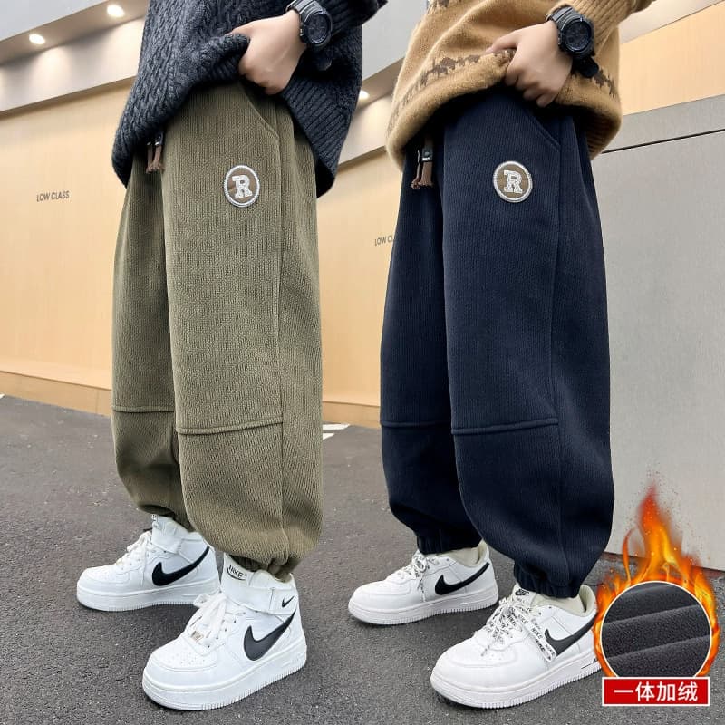 Boys' Corduroy Loose Sports Pants Mid-Term Large-Children Stylish Casual Fashionable Long Trousers Comfortable Polyester Fiber