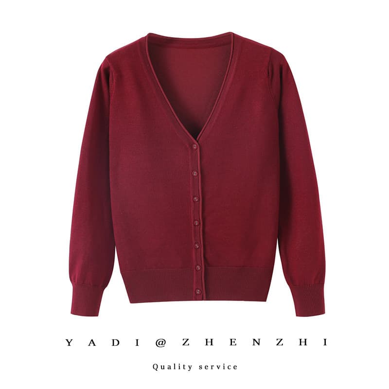 Spring and Autumn Wine Red Thin Cardigan, Long-Sleeve Jacket for Summer Mornings and Evenings, Plus Size Mother's V-Neck Knitted Cotton Air-Conditioning Shirt for Women