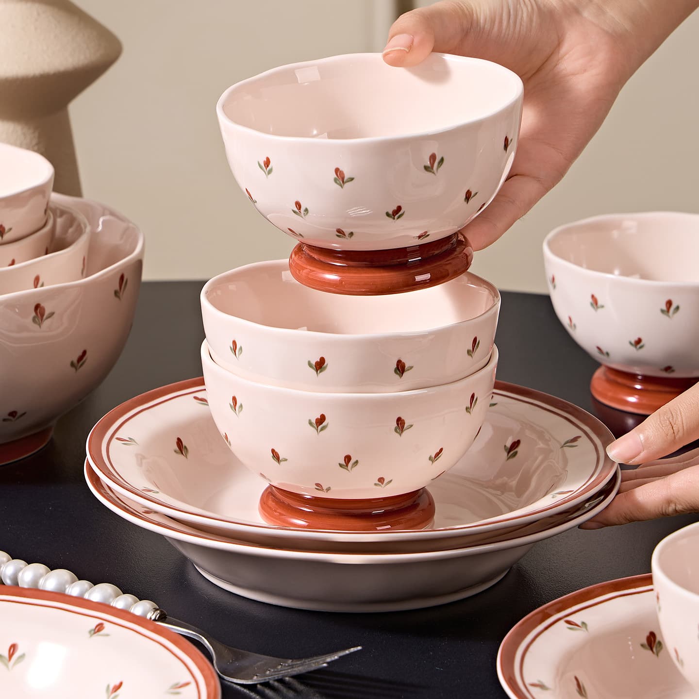 Pink Underglaze 2026 New High-Aesthetic Ceramic Tableware Set for Home Bowls Plates Rice Bowls Serving Plates Bowl and Plate Set