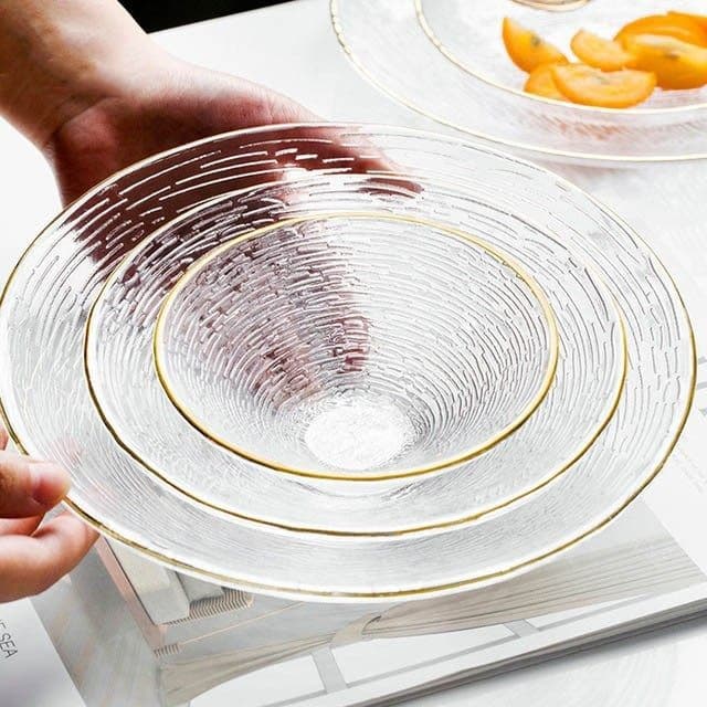 Ins Light Luxury Fine Glass Plate Transparent Tableware Striped Gold Rim Salad Bowl Fruit Dish Household Bowl Plate