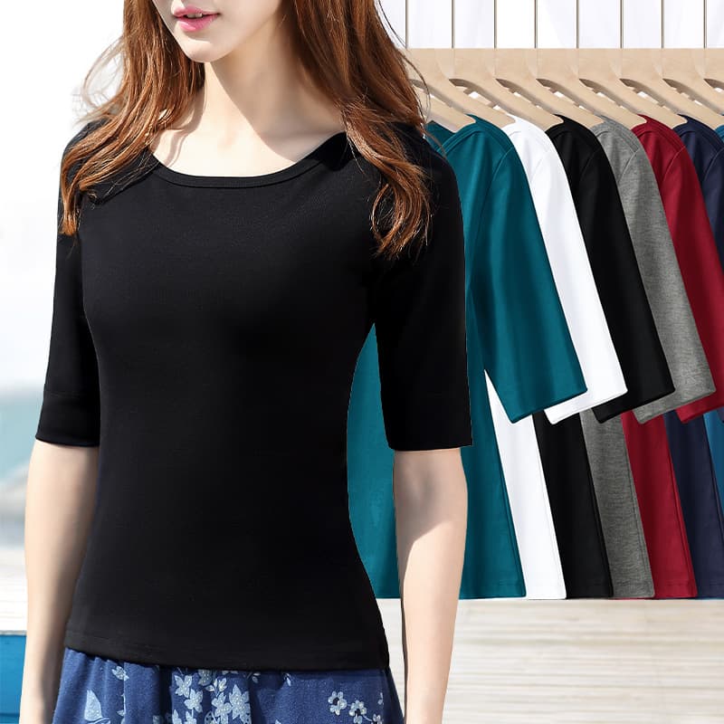 Black Off-Shoulder One-Shoulder Top Women's Ribbed Summer Basic Fit Medium Sleeve Seven-Sleeve T-Shirt Base Layer