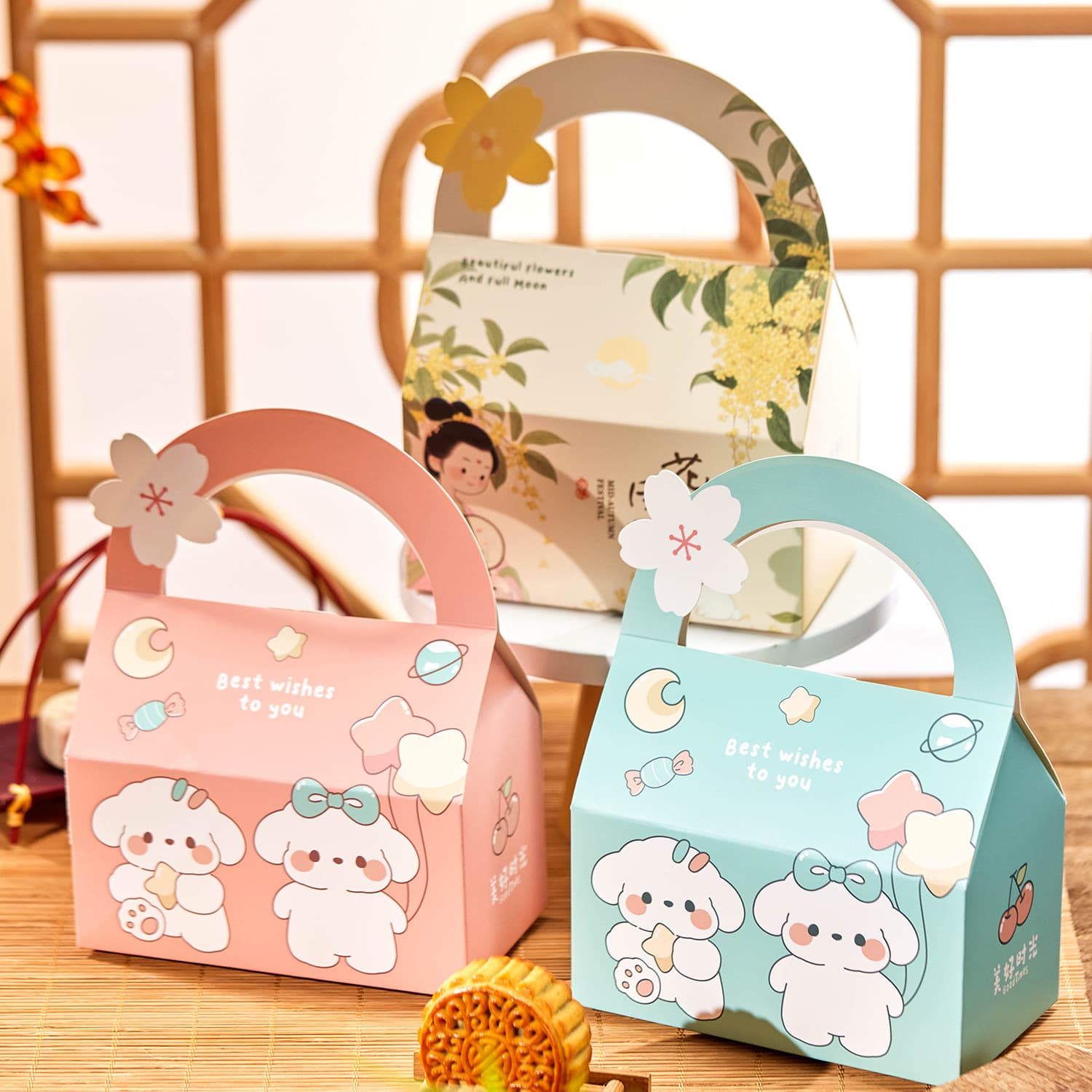 2026 New Mid-Autumn Festival Kindergarten 2 Mooncakes Gift Box Packaging High-end Gift Box Egg Yolk Crispy Heart Cartoon