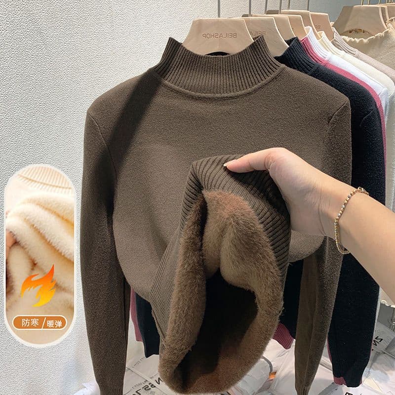 Half Turtleneck Long-Sleeve Sweater for Women New Fall/Winter Inner Layer Base Top Fleece-Lined Thick Warm Stylish Top