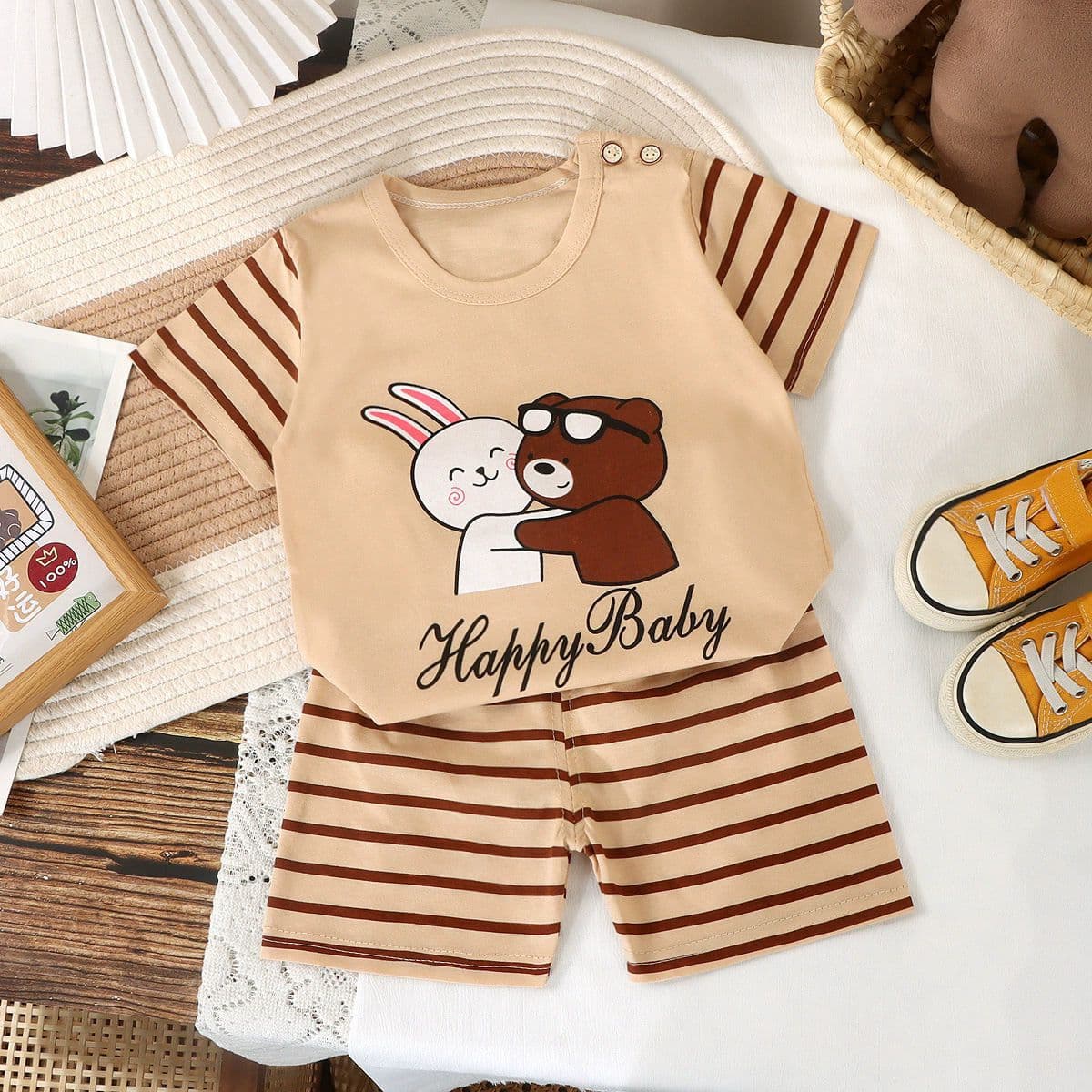 Kids Short Sleeve Set Cotton Boys Girls Round Neck T-Shirt Baby Summer Cartoon Shorts Outfit New Children's Wear